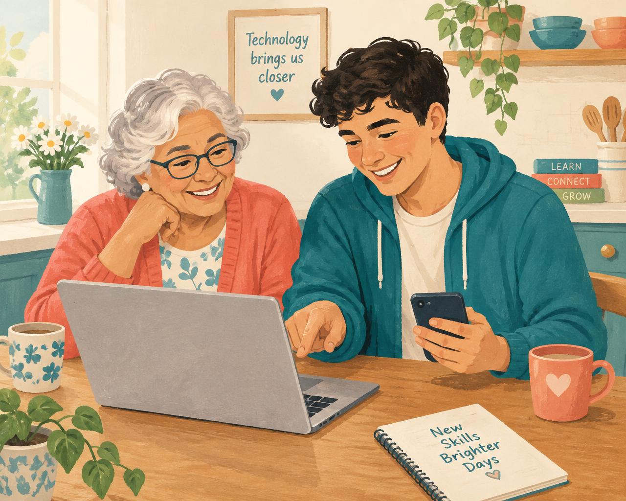 An older woman and a young man learning together on a laptop